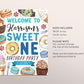 Sweet One Birthday Welcome Sign Editable Template, Boy Donut First Birthday Party Poster, One Year Cupcakes Candy Sweets Dessert Decor