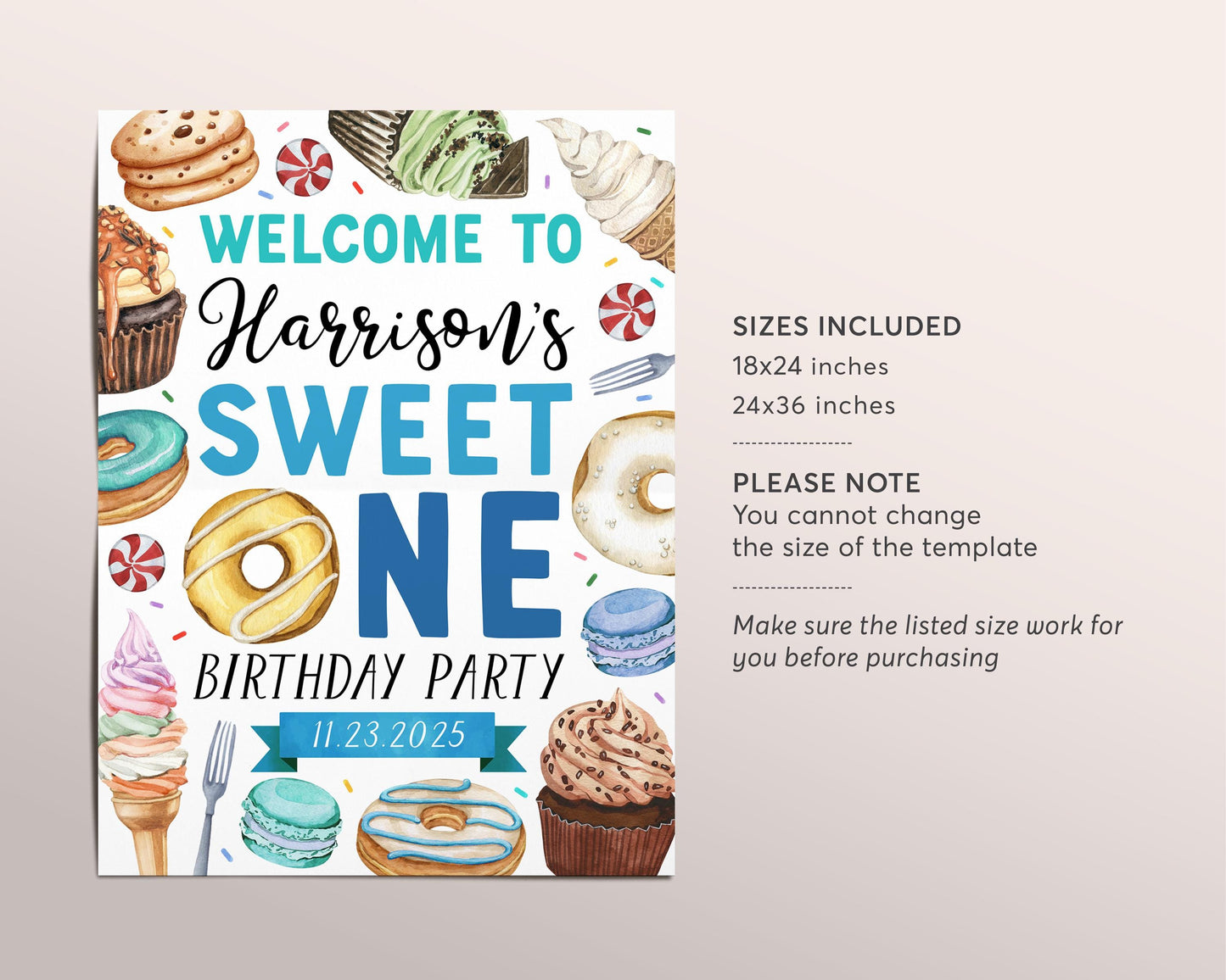 Sweet One Birthday Welcome Sign Editable Template, Boy Donut First Birthday Party Poster, One Year Cupcakes Candy Sweets Dessert Decor