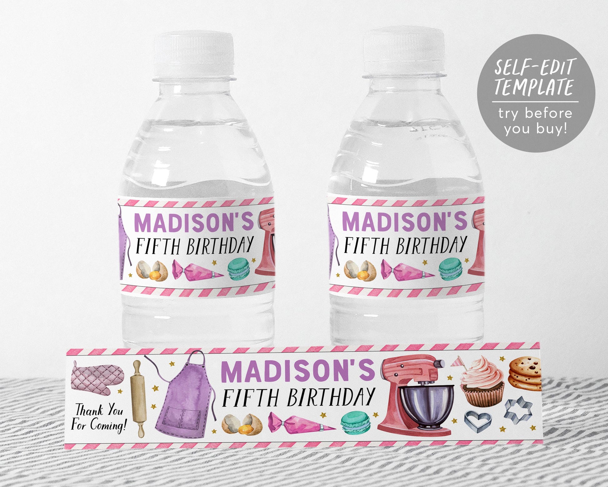 Baking Party Water Bottle Labels Editable Template