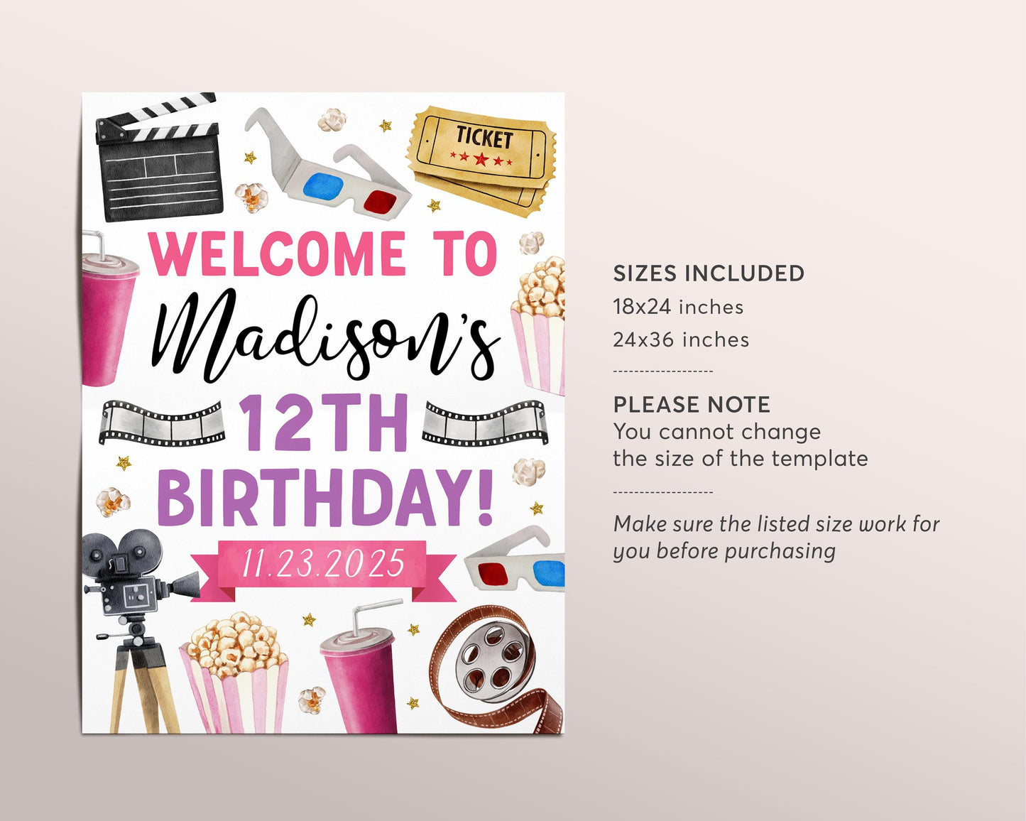 Movie Night Birthday Welcome Sign Editable Template, Girl Kids Pop On Over Cinema Backyard Movie Ticket Party Poster, Popcorn Board Banner