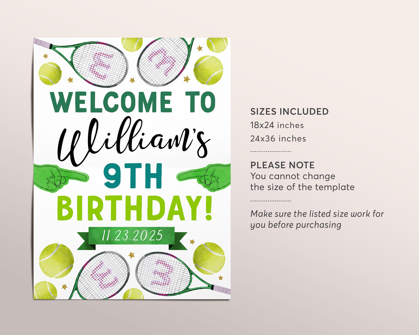 Tennis Birthday Welcome Sign Editable Template, Wimble-One Tennis Ball Racket Birthday Poster, Sports Poster, Tournament Game Set Match