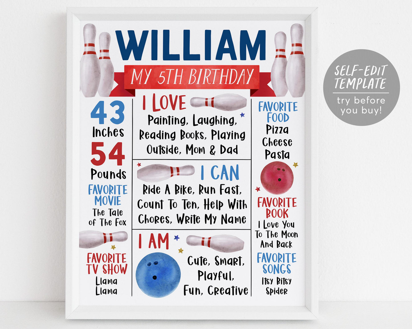 Bowling Birthday Milestone Sign Editable Template