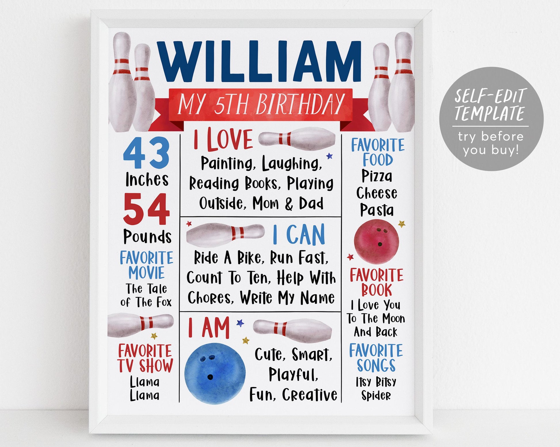 Bowling Birthday Milestone Sign Editable Template