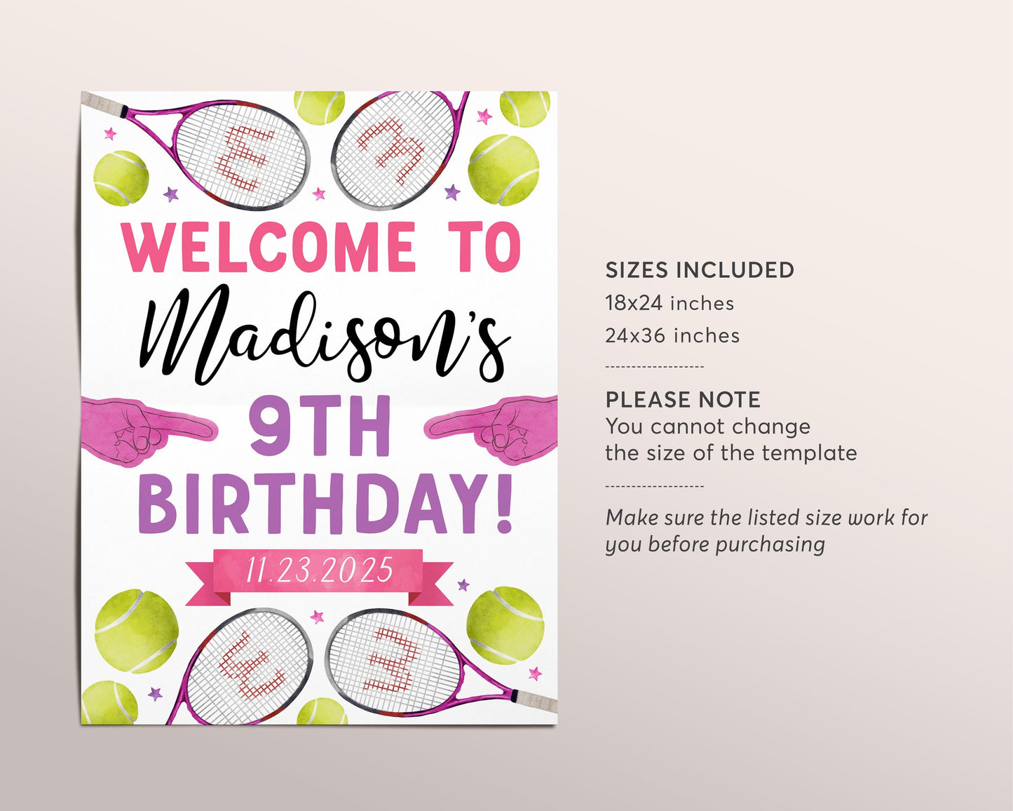 Tennis Birthday Welcome Sign Editable Template, Girl Wimble-One Tennis Ball Racket Birthday Poster, Sports Poster, Tournament Game Set Match