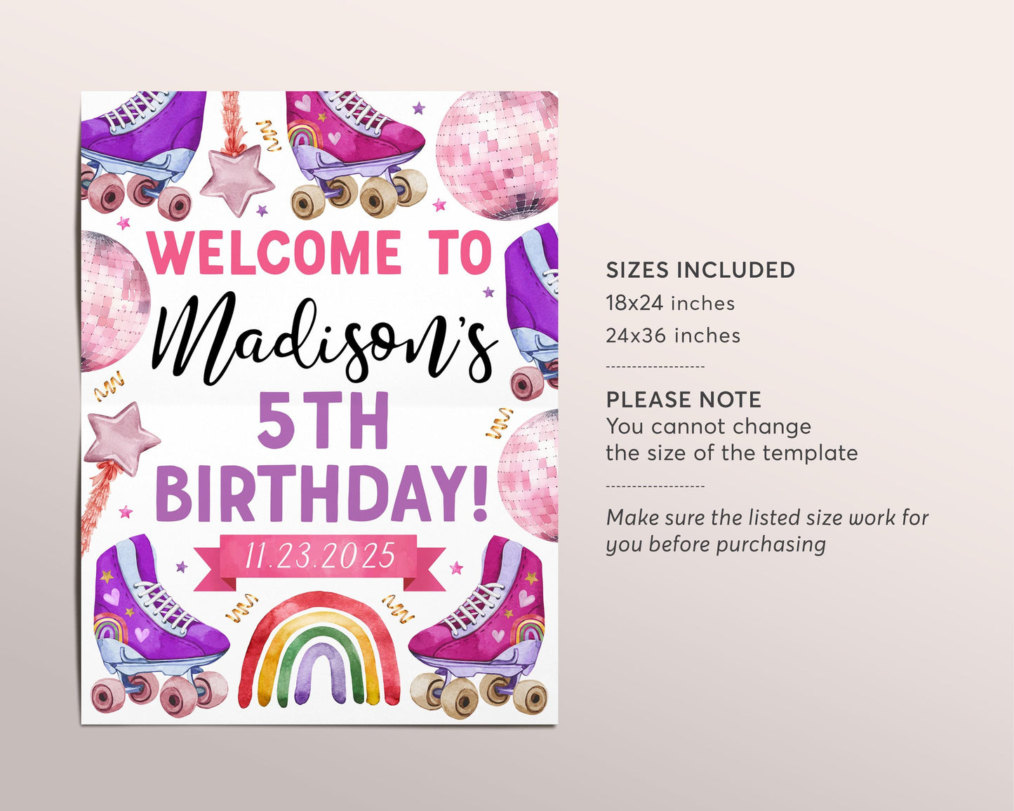 Roller Skating Birthday Welcome Sign Editable Template, Girl Roller Skate Disco Dance Party Poster, Rollerskating Rink Banner Board Decor