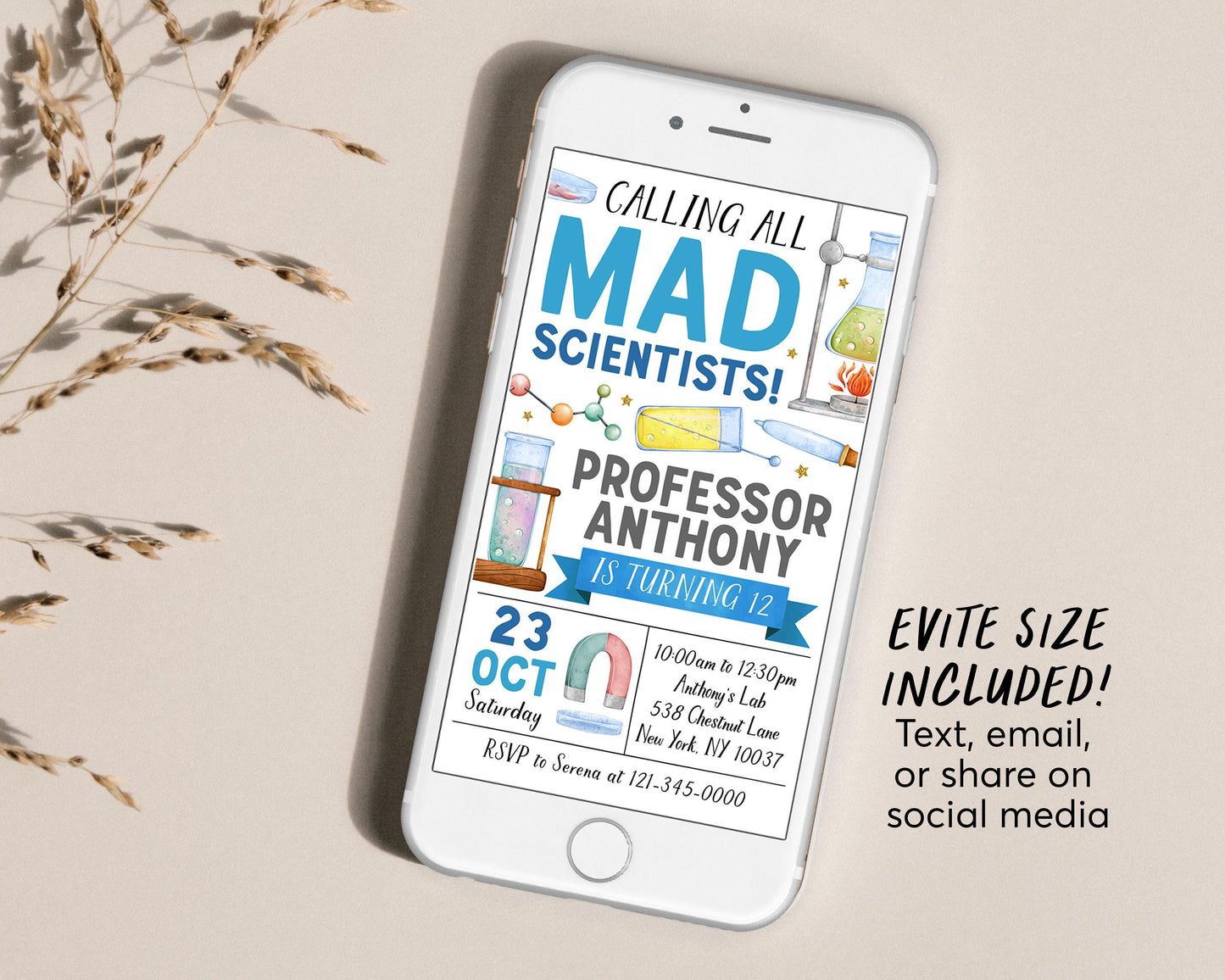 Science Birthday Invitation Editable Template, Boy Calling All Mad Scientists Party Invite, Kid Professor Experiment Science Lab Party Evite