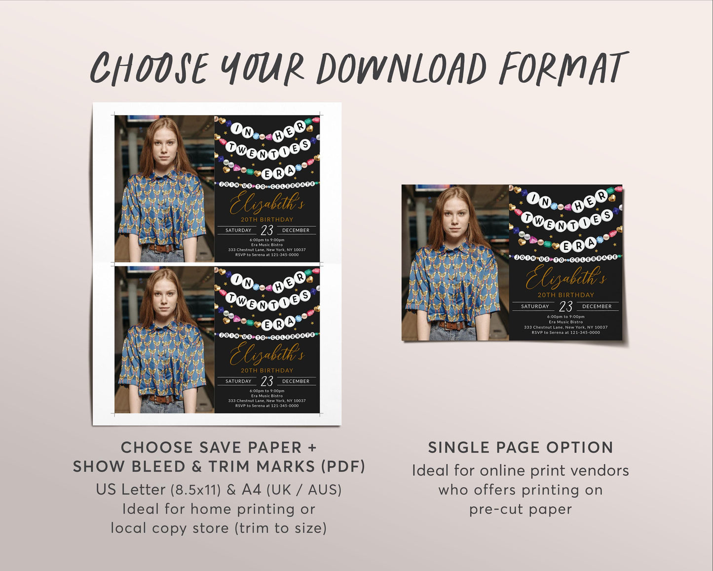 In My Twenties Era Invitation With Photo Editable Template, Friendship Bracelet Party Invite, 20th Birthday Girl Eras Music Black Gold Evite