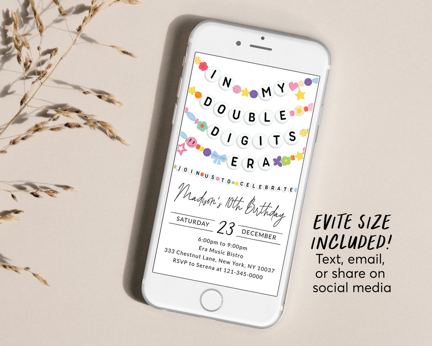 In My Double Digits Era Invitation Editable Template, Friendship Bracelet Party Invite, Tenth 10th Birthday Tween Girl Eras Music Evite
