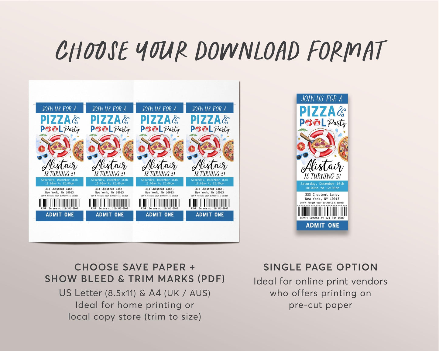 Pizza Pool Party Birthday Ticket Invitation Editable Template, Kids Boy Summer Swimming Pool Pizza Party Bash Evite, End Of School Ticket