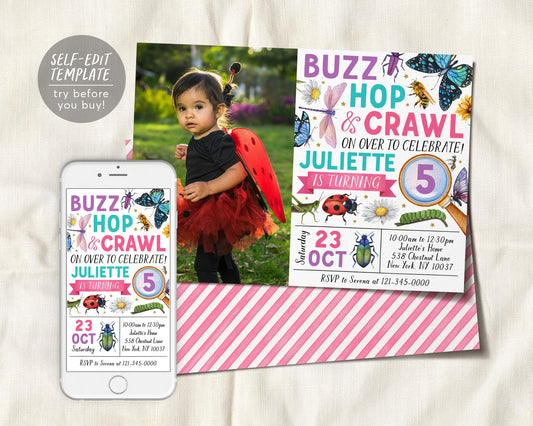 Insect Bugs Birthday Invitation With Photo Editable Template