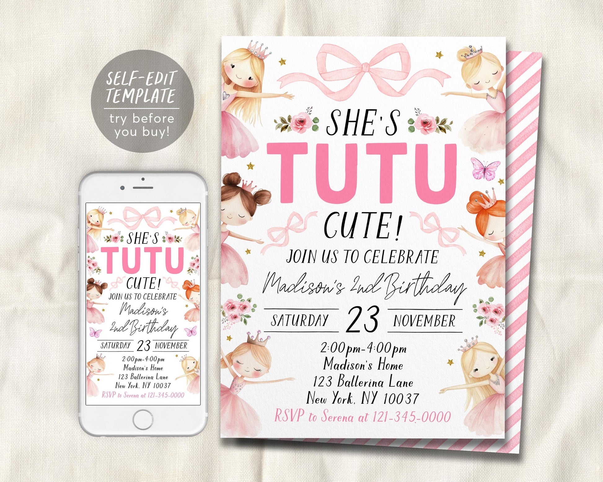 Tutu Cute 2nd Birthday Invitation Editable Template