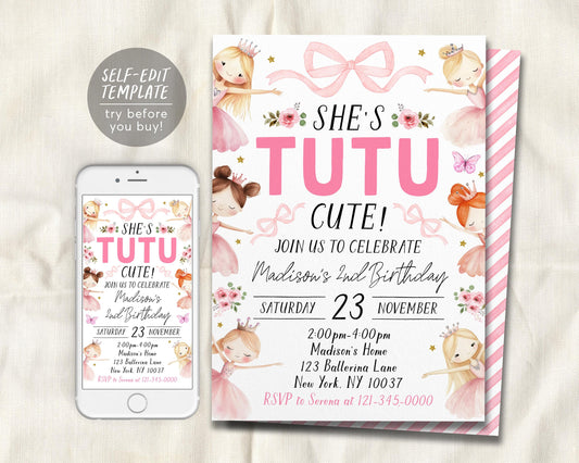 Tutu Cute 2nd Birthday Invitation Editable Template