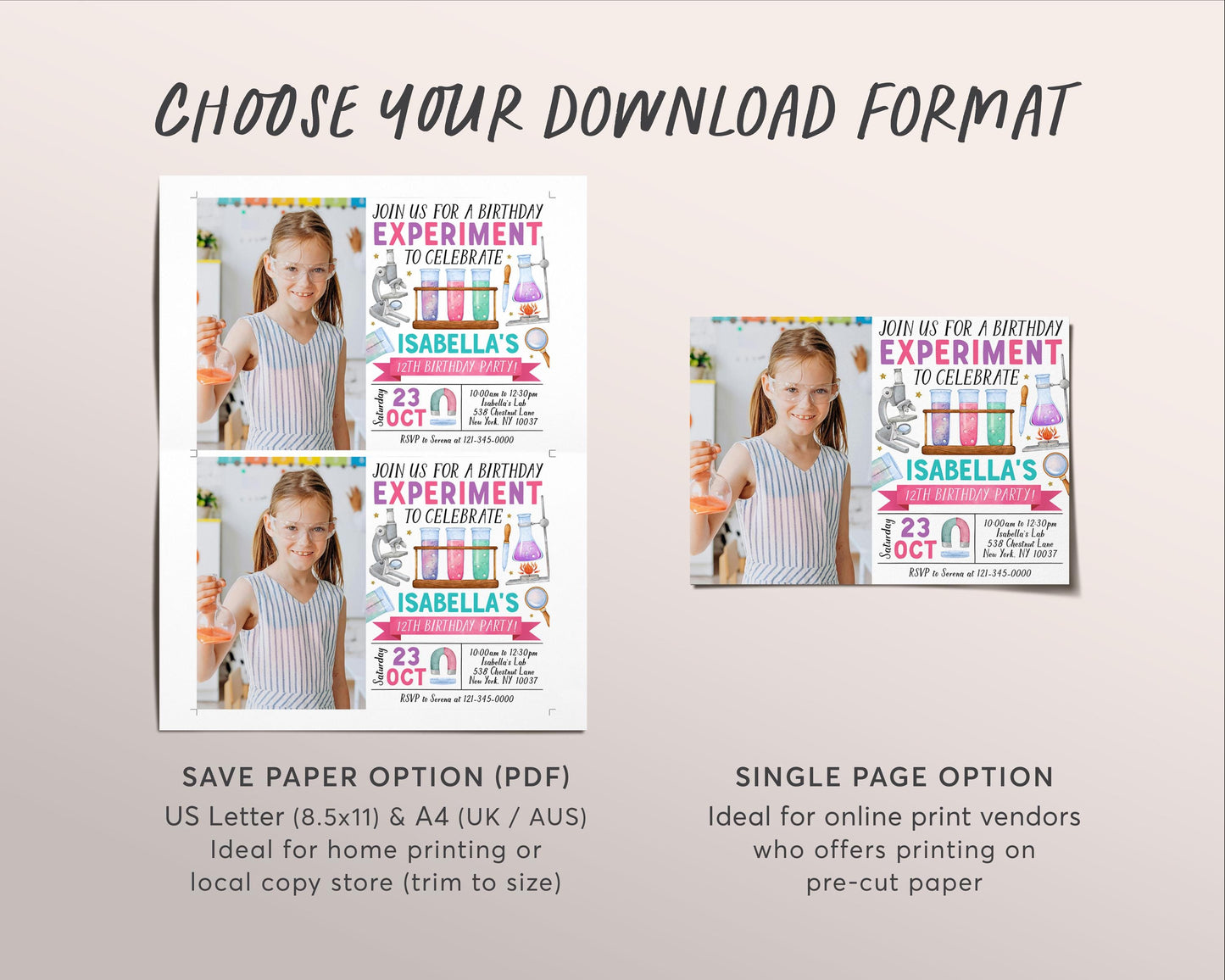 Science Birthday Invitation With Photo Editable Template, Girl Birthday Experiment Party Invite, Kids Science Lab Mad Scientists Party Evite