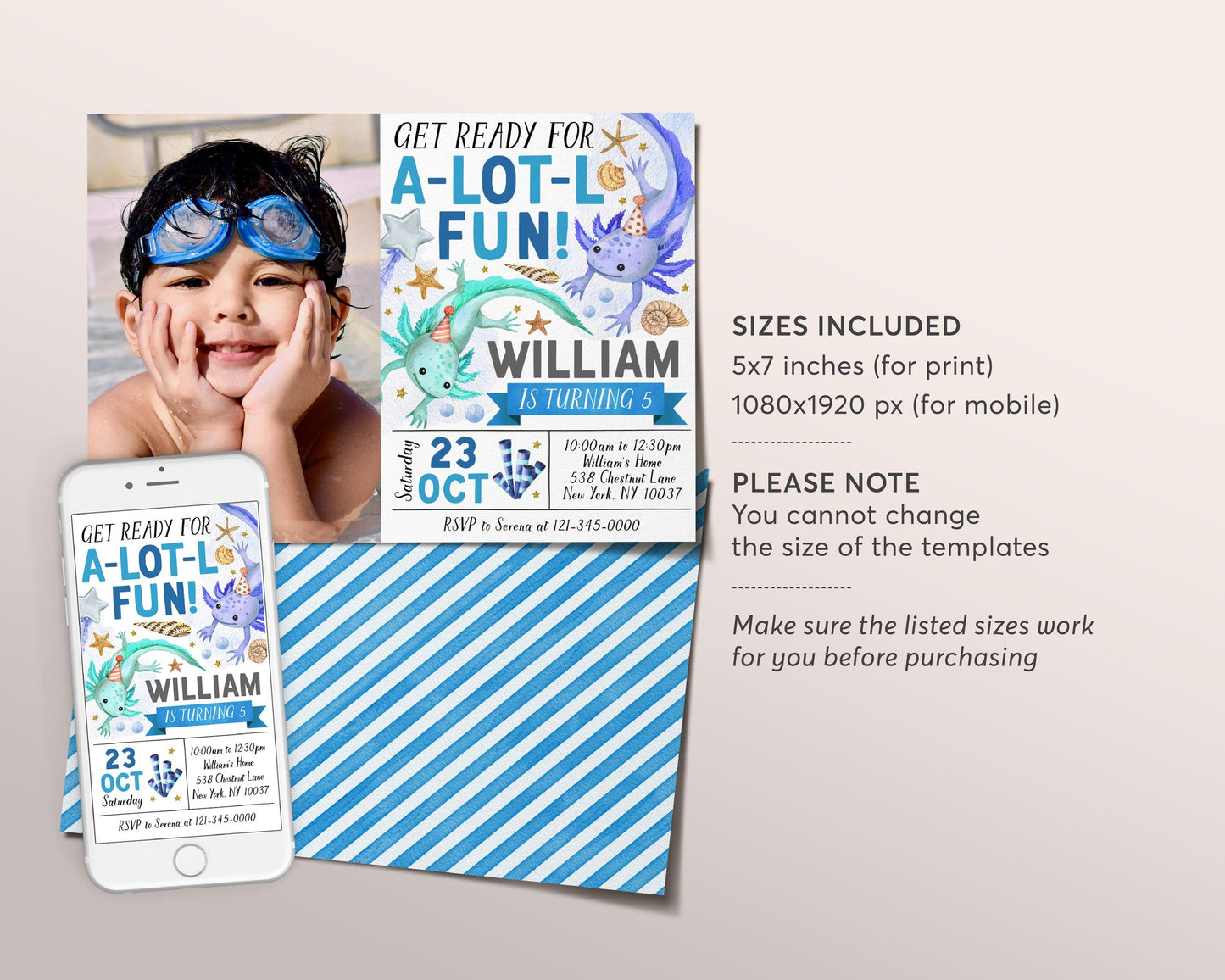 Axolotl Birthday Invitation With Photo Editable Template, Boy Axolotl Theme Alotl Fun Party Invite, Under Sea Lake Seashell Starfish Evite