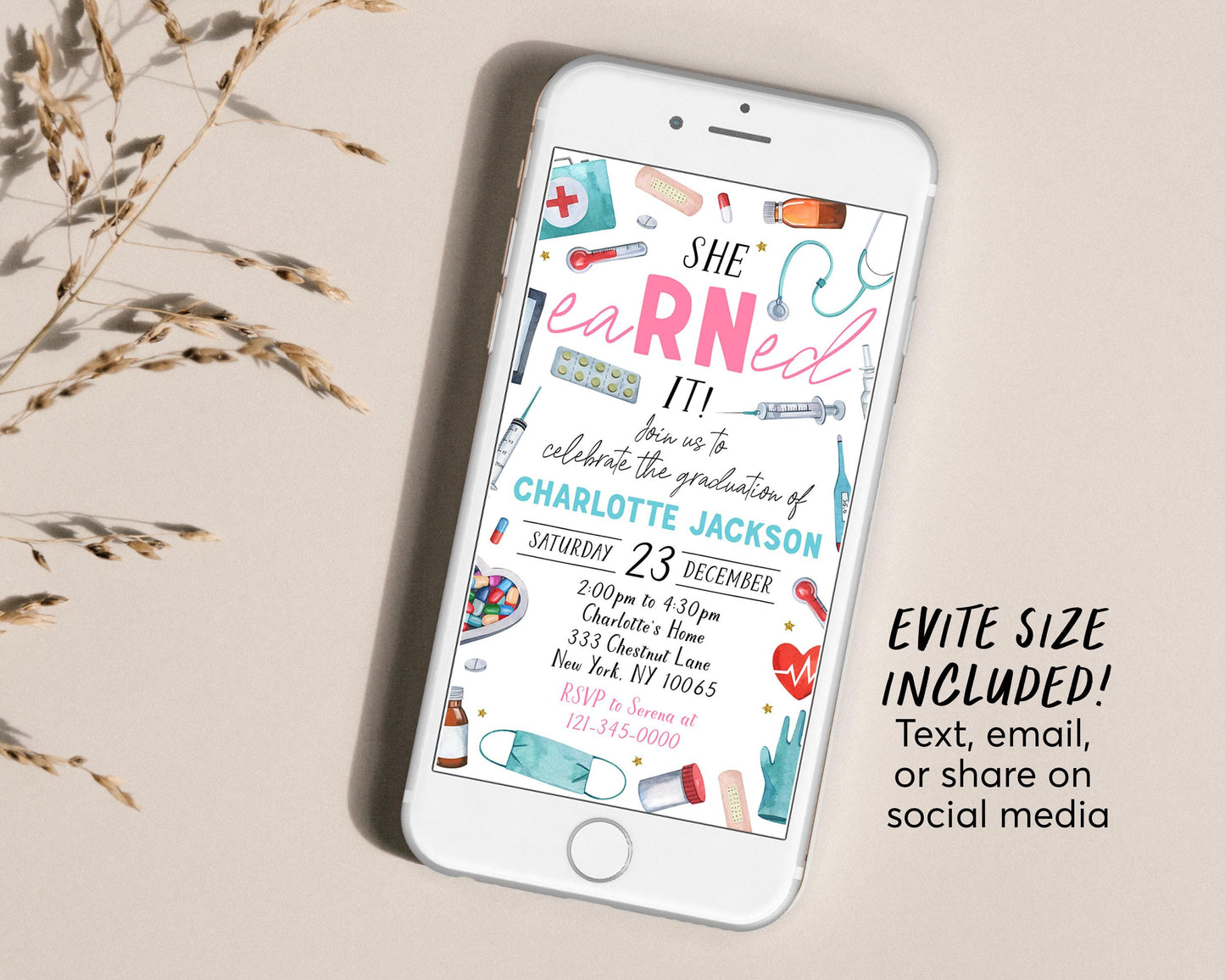 Nurse Graduation Invitation Editable Template, She eaRNed It RN Graduation Announcement Party Invite Registered Nurse Pinning Ceremony Evite
