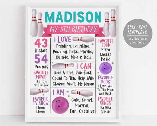 Bowling Birthday Milestone Sign Editable Template