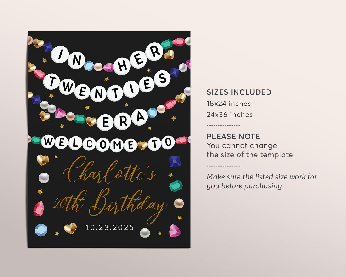 In My Twenties Era Welcome Sign Editable Template, Eras Friendship Bracelet Party Birthday Poster, Twentieth 20th Birthday Music Gems Board