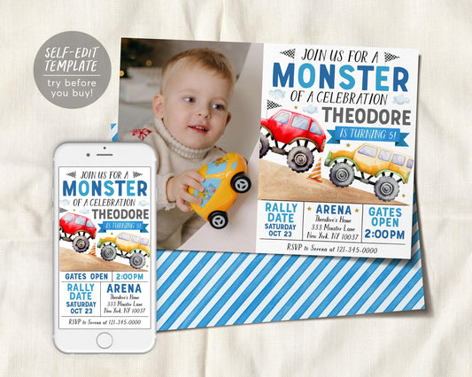 Monster Truck Birthday Invitation With Photo Editable Template