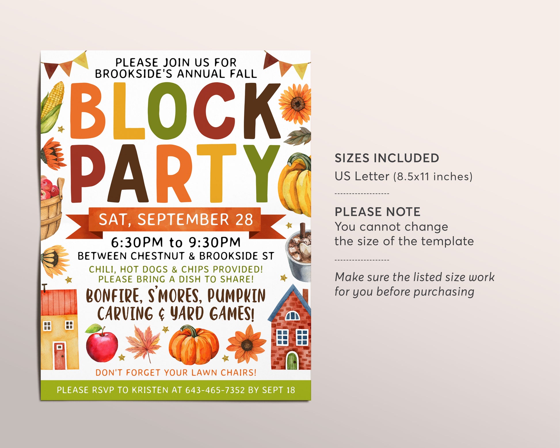 a flyer for a block party with pumpkins and sunflowers