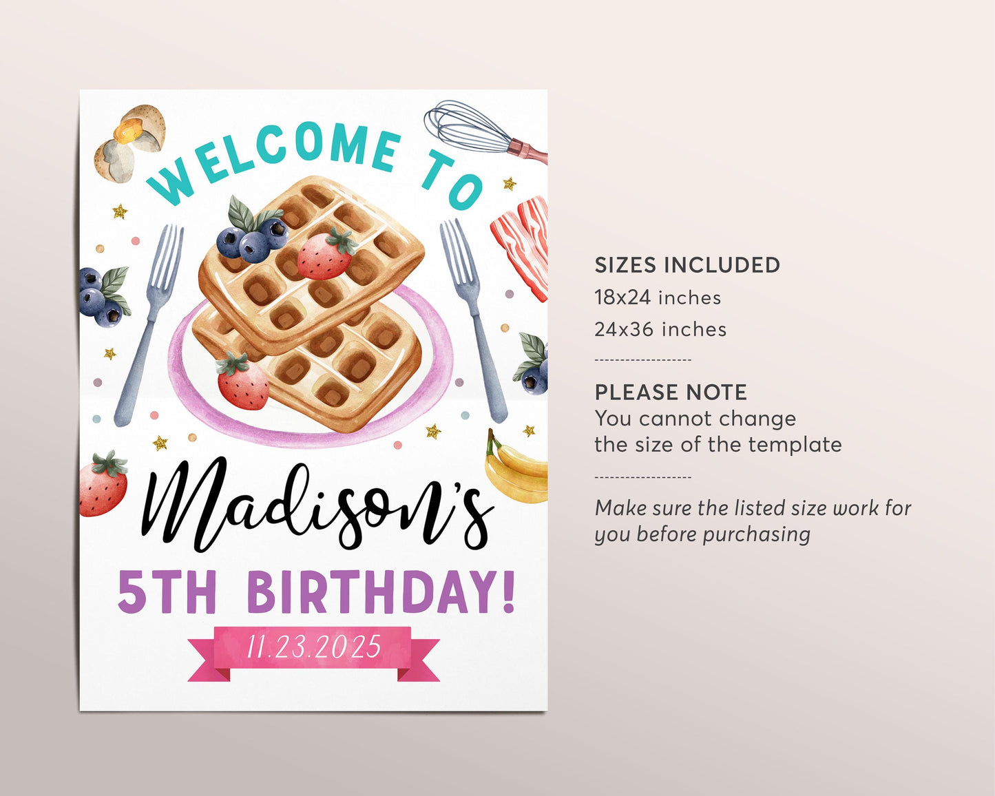 Waffles and Pajamas Birthday Welcome Sign Editable Template, Girl Waffle And PJs Party Poster, Kids Breakfast Brunch Slumber Party Banner