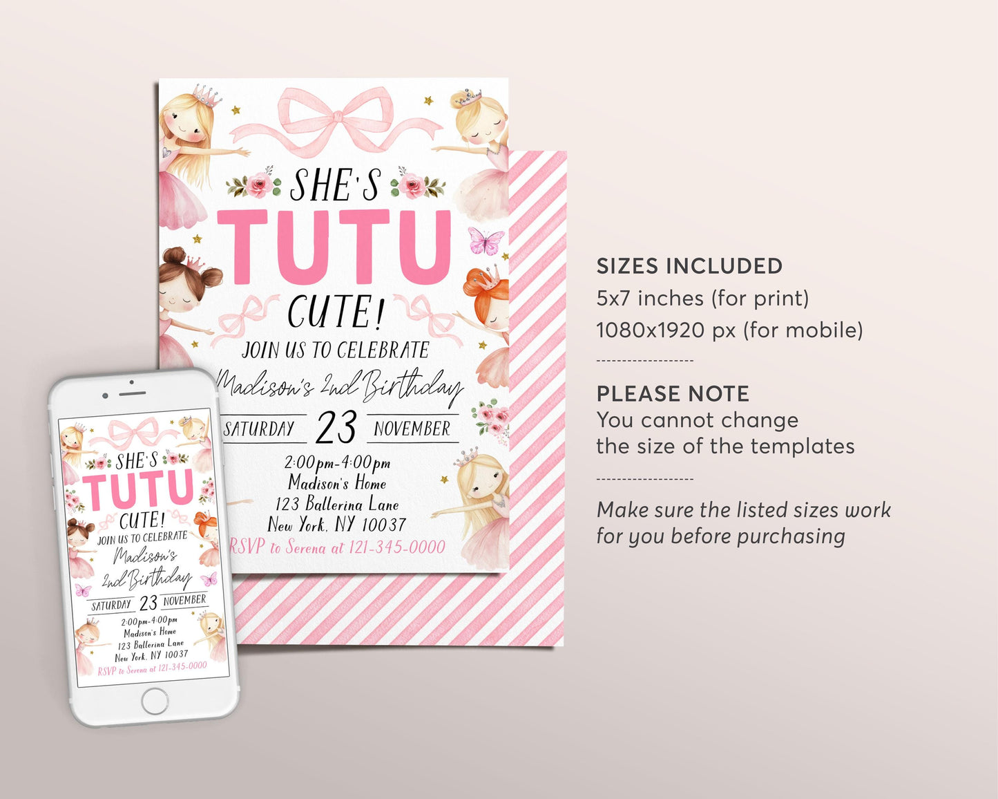 Tutu Cute 2nd Birthday Invitation Editable Template, Our Little Ballerina Second Birthday Invite, Pink Ballet Dance Floral Evite Printable