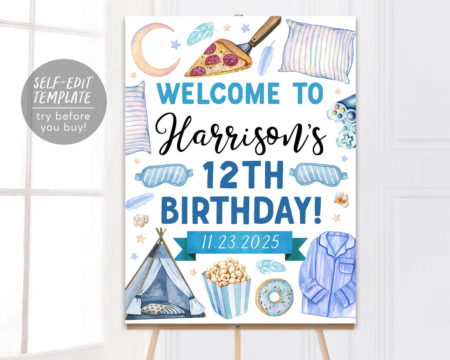 Sleepover Birthday Party Welcome Sign Editable Template