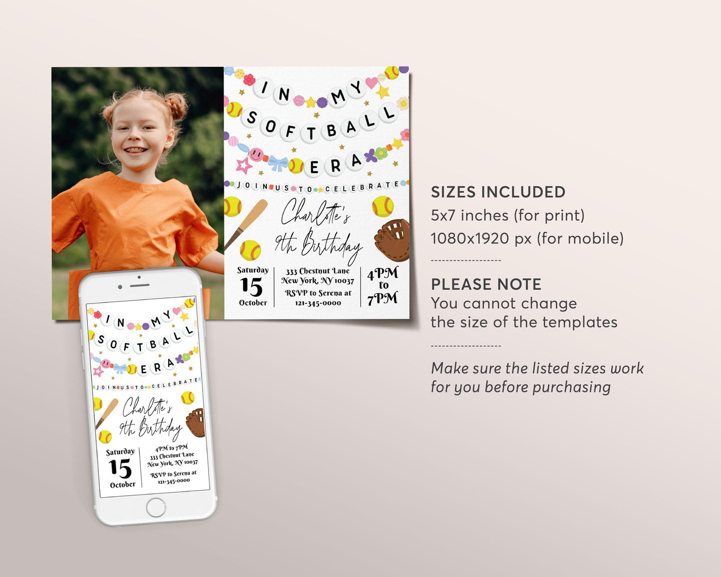 In My Softball Era Birthday Invitation With Photo Editable Template, Softball Friendship Bracelet Party Invite, Sports Game Day Eras Evite