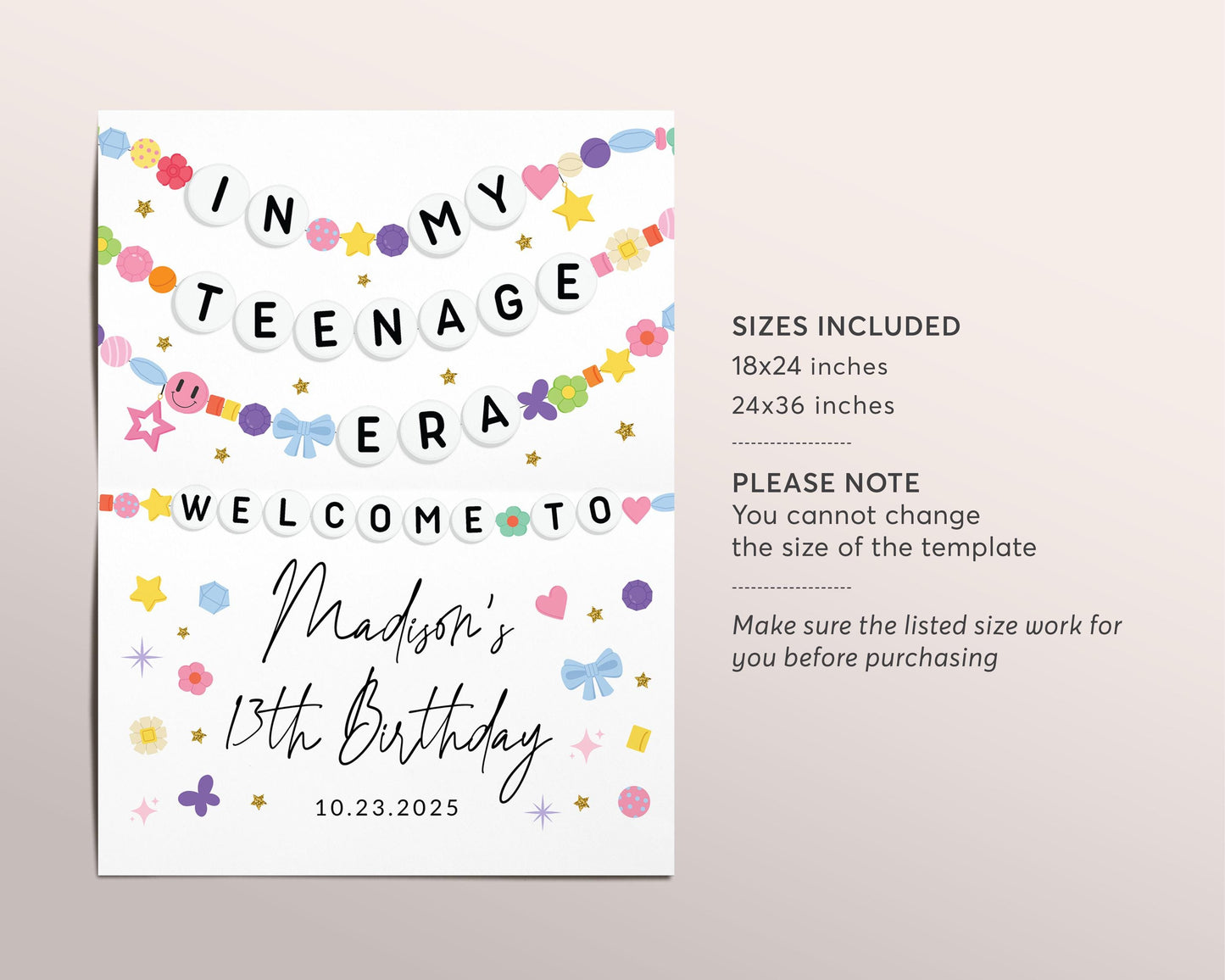 In My Teenage Era Welcome Sign Editable Template, Eras Friendship Bracelet Party Birthday Poster, Teen Thirteen 13th Music Tour Party Board