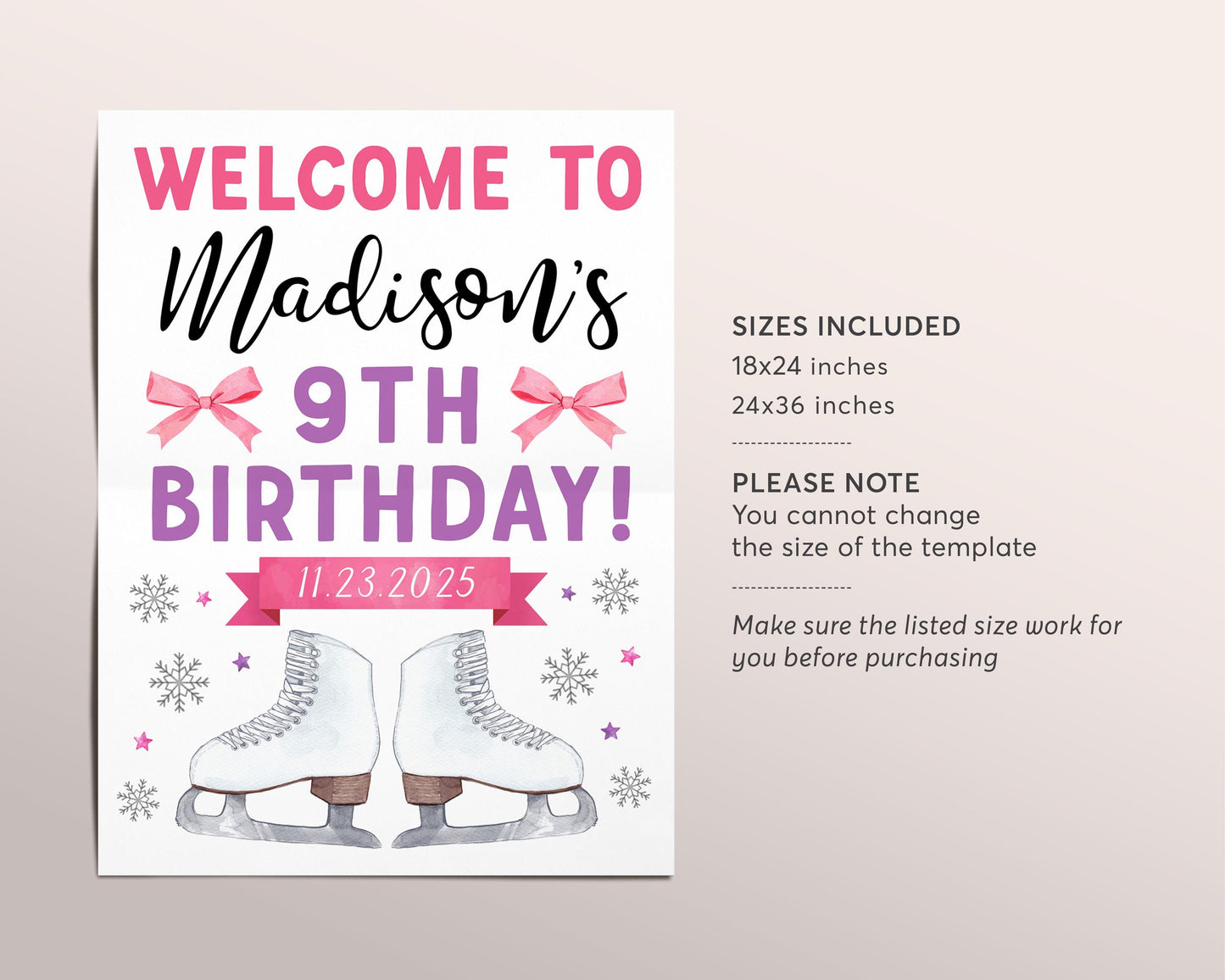 Ice Skating Birthday Welcome Sign Editable Template, Girl Festive Winter Ice Skating Party Poster, Skating Skate Rink Outdoor Ice Rink Sign