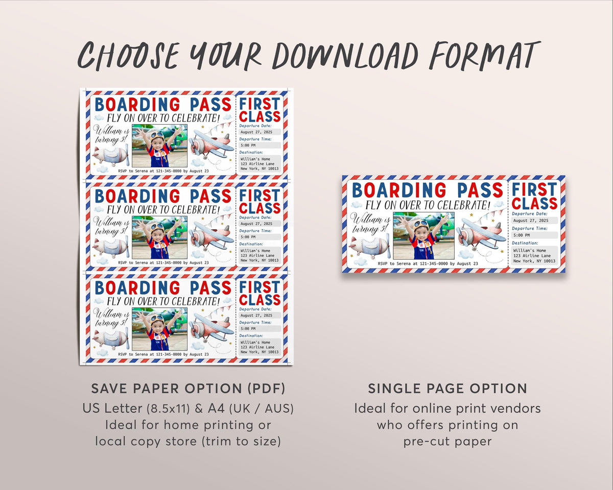 Take Flight Invite Airplane Birthday Ticket Invitation With Photo Editable Template, Plan ...