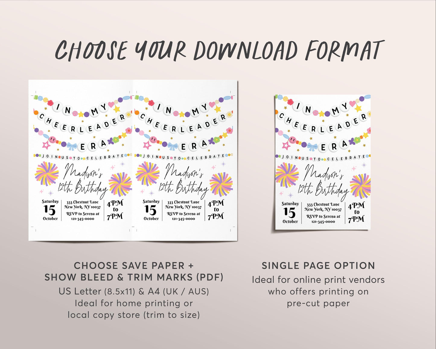 In My Cheerleader Era Birthday Invitation Editable Template, Cheer Era Girl Friendship Bracelet Party Invite, Birthday Era Cheer Party Evite