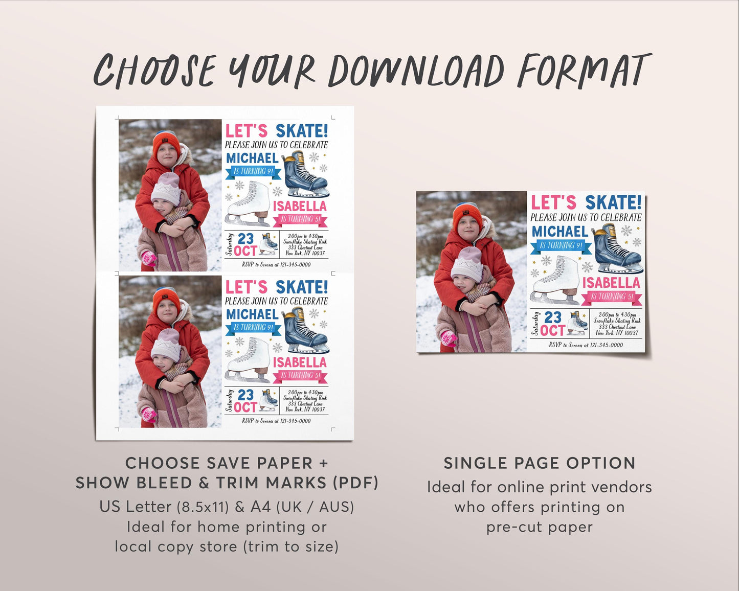 Ice Skating Joint Siblings Birthday Invitation With Photo Editable Template, Boy Girl Twins Ice Hockey Skating Party Invite Skate Rink Evite