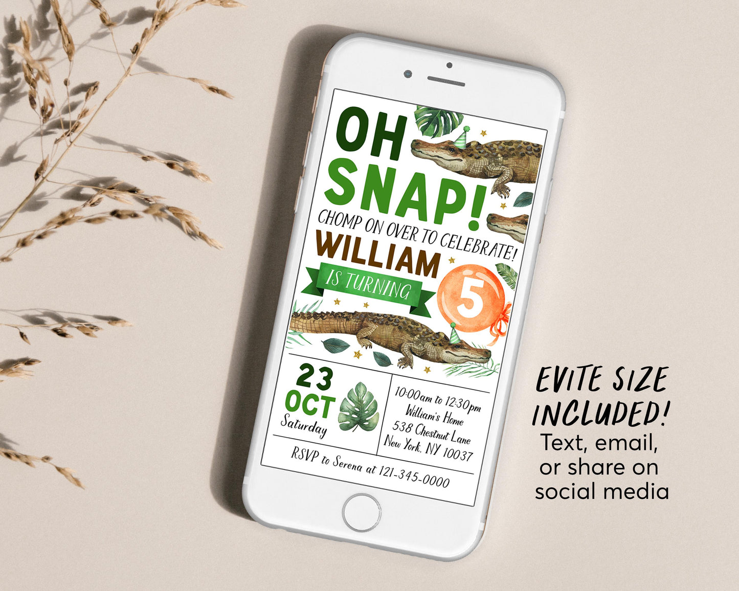 Crocodile Birthday Invitation Editable Template, Boy Oh Snap Crocodile Theme Party Invite, Kid Alligator Swamp Pond Nature Chomp Chomp Evite