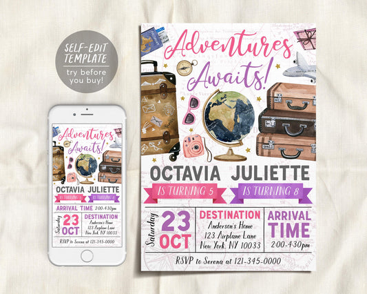 Adventure Awaits Travel Joint Siblings Birthday Invitation Editable Template