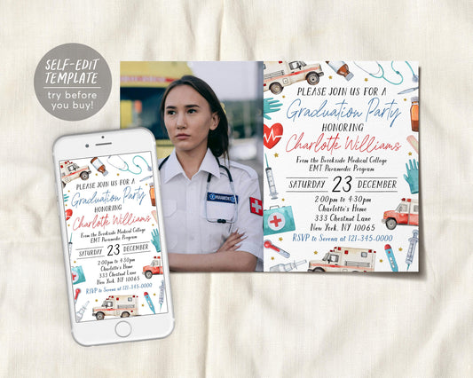Paramedic EMT Graduation Invitation With Photo Editable Template