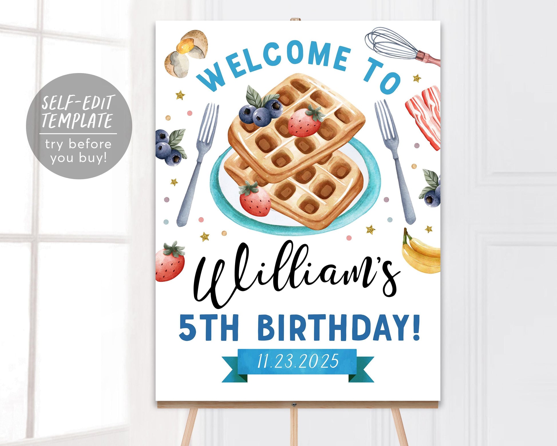 Waffles and Pajamas Birthday Welcome Sign Editable Template