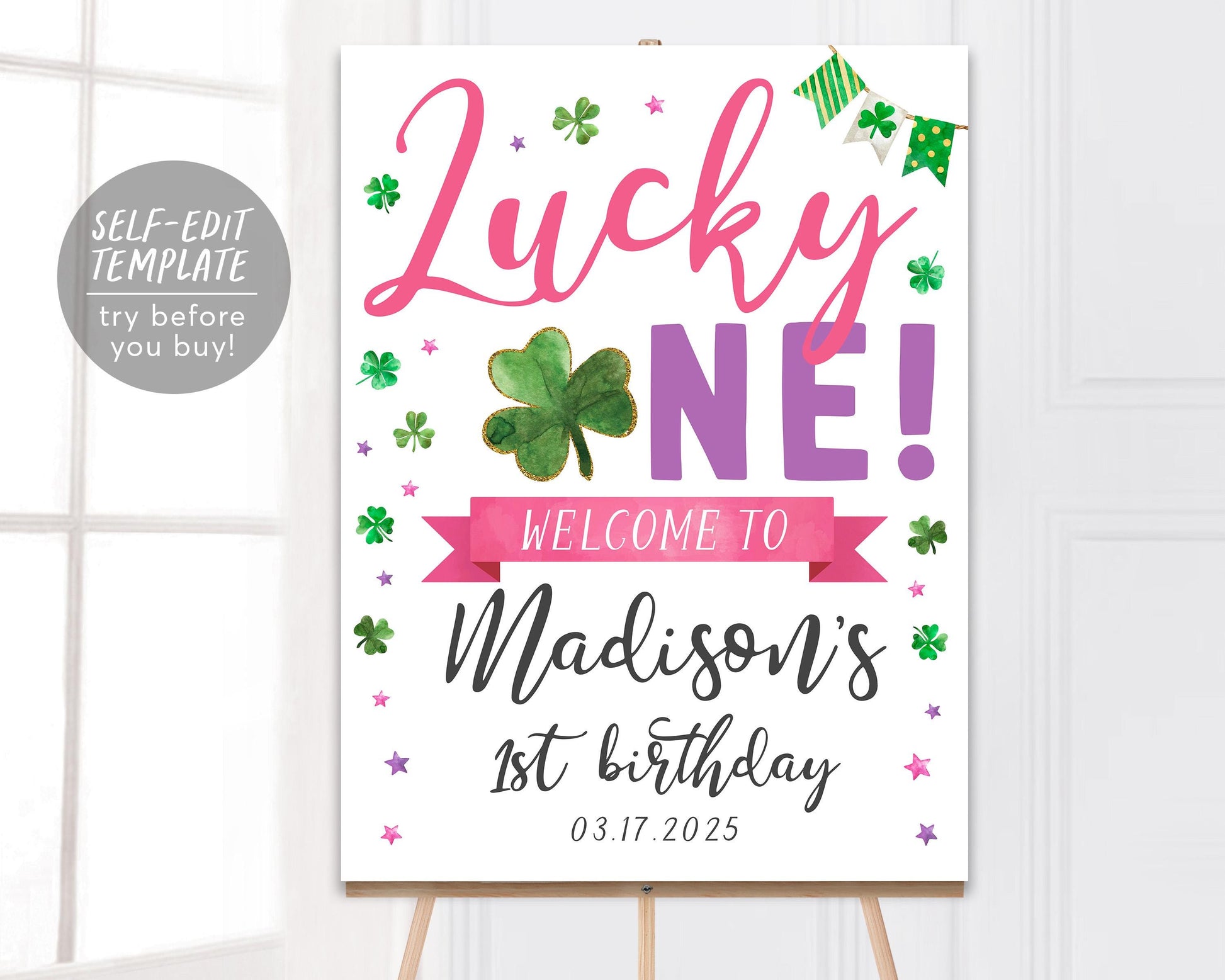 Lucky One Birthday Welcome Sign Editable Template