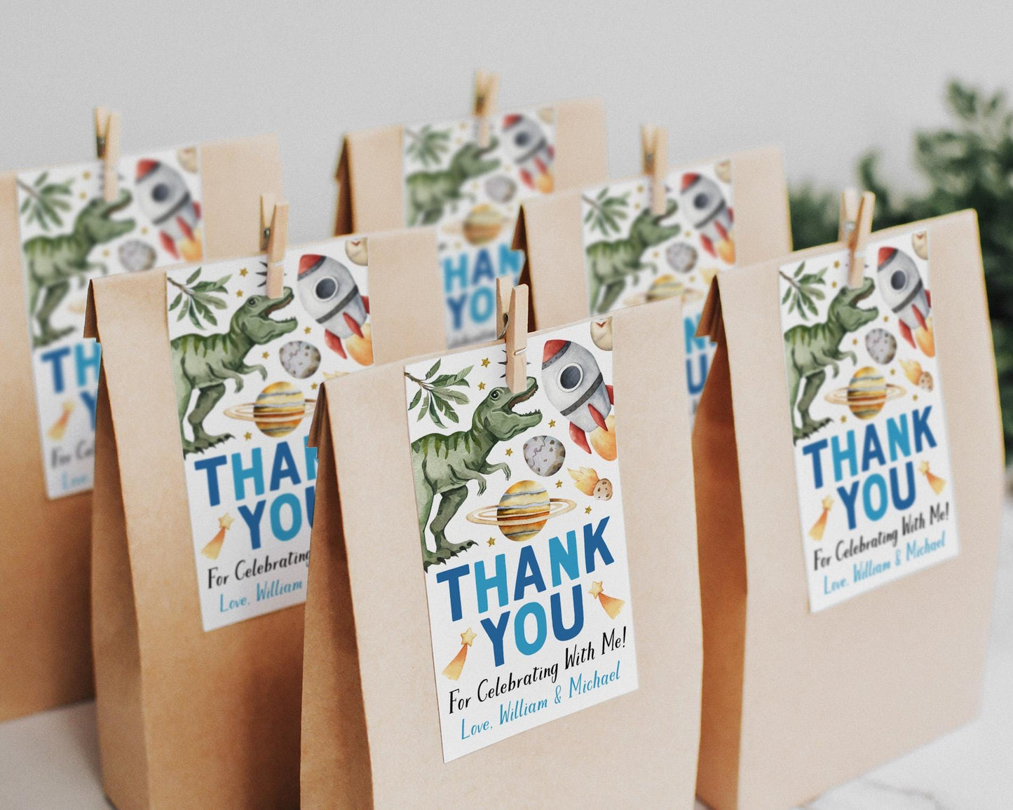 Space And Dinosaurs Birthday Favor Tags Editable Template, Joint Siblings Boys Outer Space Rocket Ship T-Rex Dinosaur Party Thank You Treat