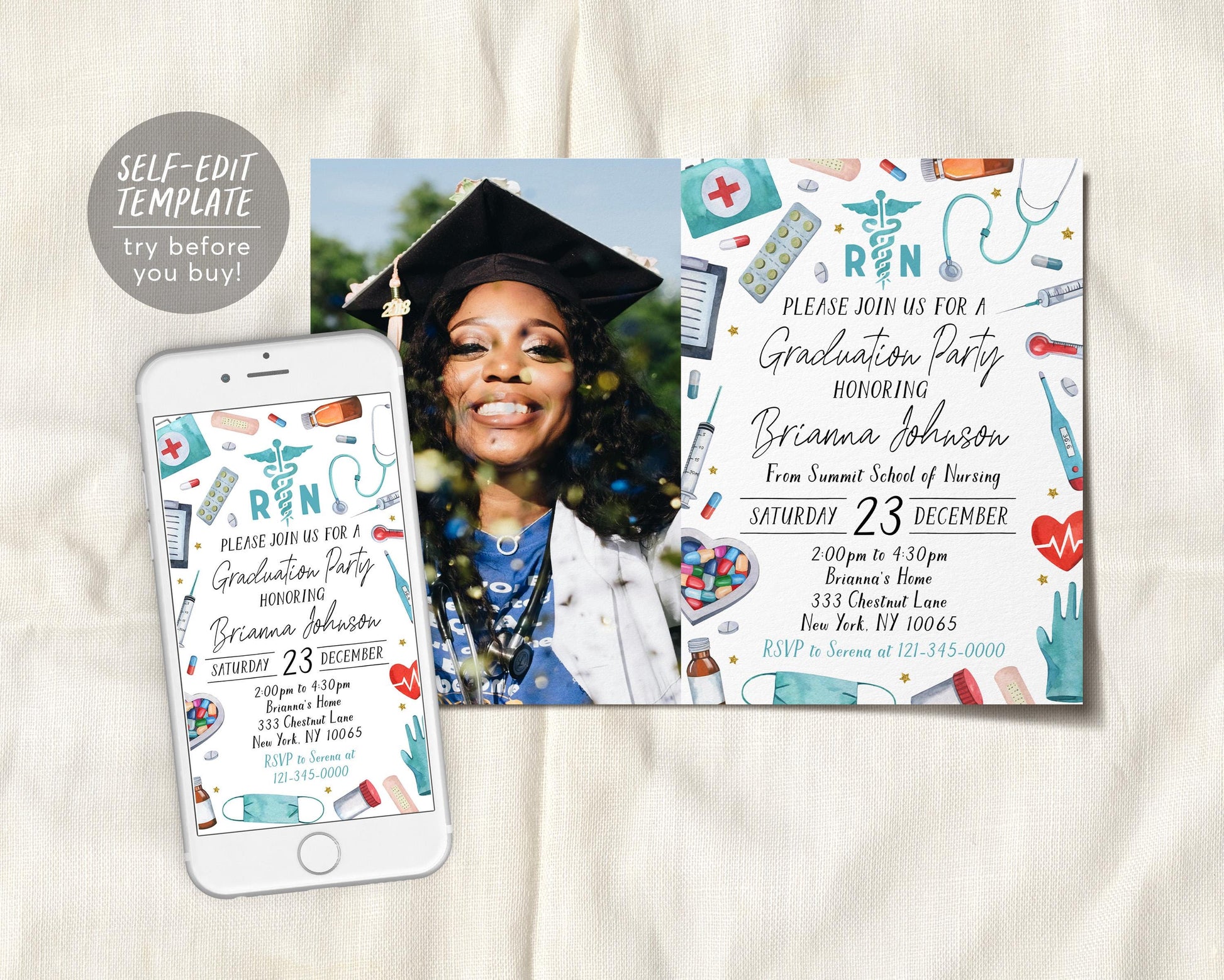 Nursing School Graduation Invitation With Photo Editable Template