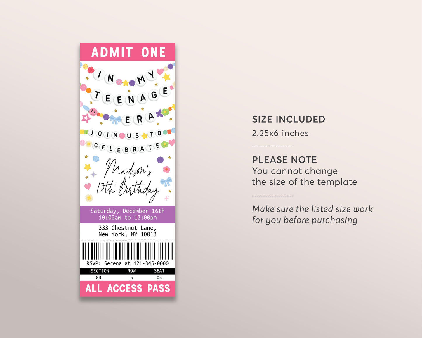 In My Teenage Era Ticket Invitation Editable Template, Friendship Bracelet Birthday Era Party Invite, Teen Thirteen 13th Birthday Girl Eras