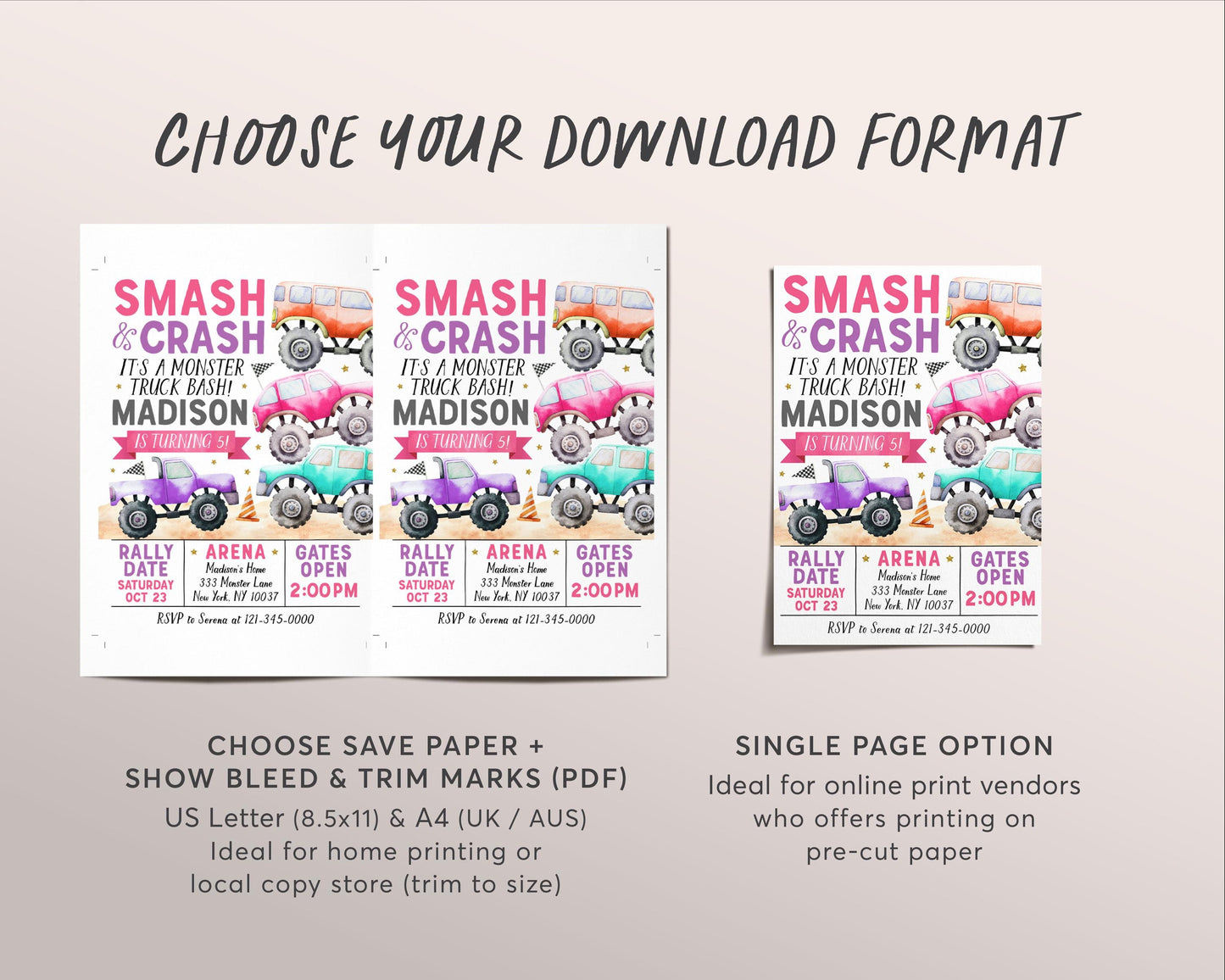 Monster Truck Birthday Invitation Editable Template, Girl It's A Monster Truck Bash Invite, Smash And Crash Party Evite Any Age Printable