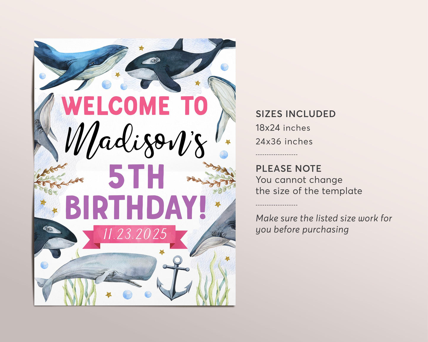 Whale Birthday Welcome Sign Editable Template, Girl Whale of a Good Time Underwater Party Poster, Under The Sea Ocean Aquarium Sea Decor