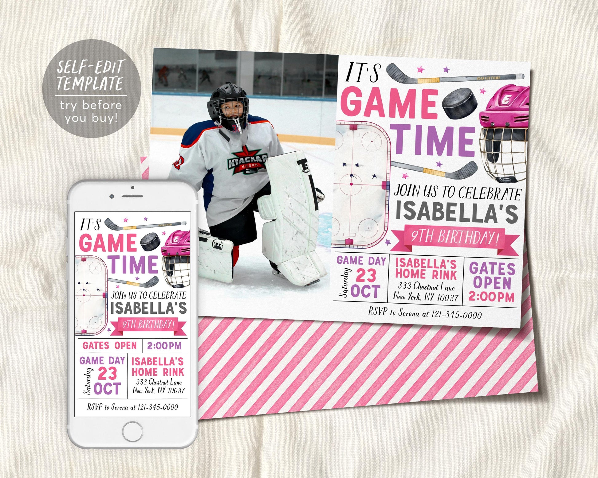 Ice Hockey Birthday Invitation With Photo Editable Template