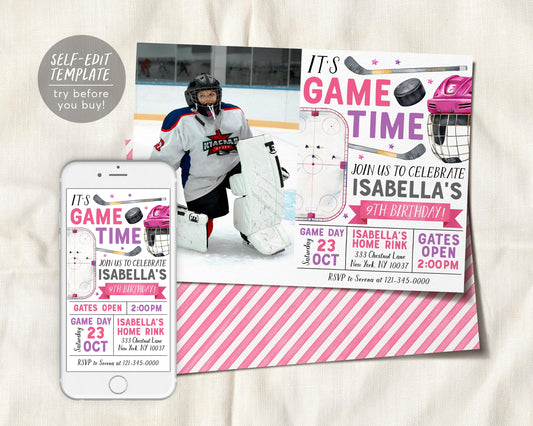 Ice Hockey Birthday Invitation With Photo Editable Template