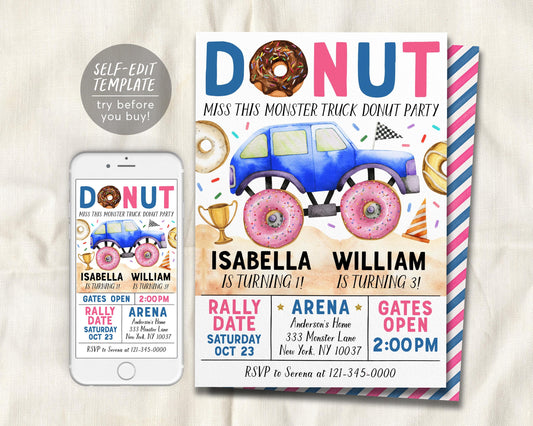 Monster Truck And Donuts Joint Siblings Birthday Invitation Editable Template