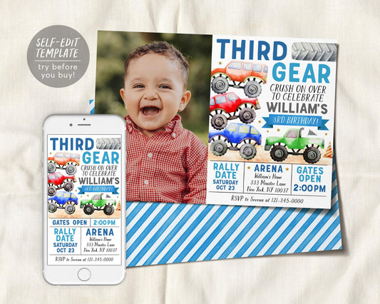 Monster Truck 3rd Birthday Invitation With Photo Editable Template