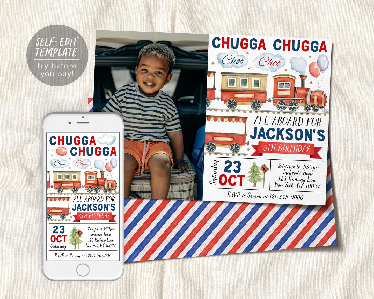 Train Birthday Invitation With Photo Editable Template