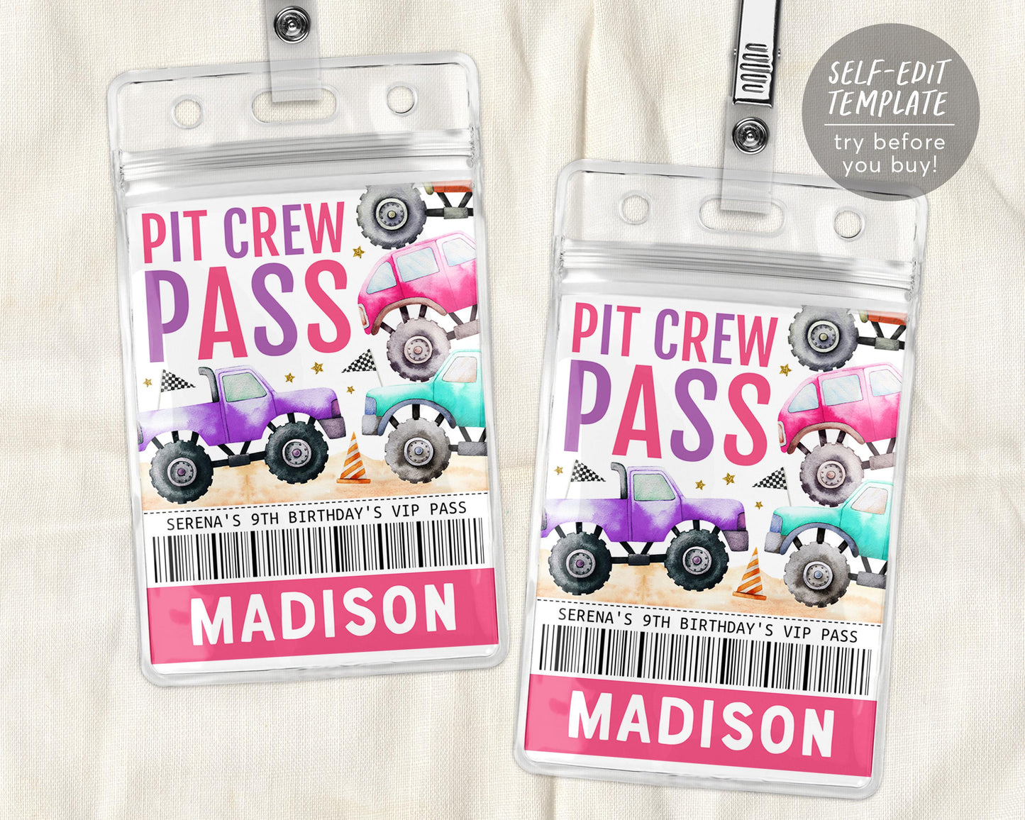 Monster Truck Pit Crew Birthday VIP Pass Editable Template