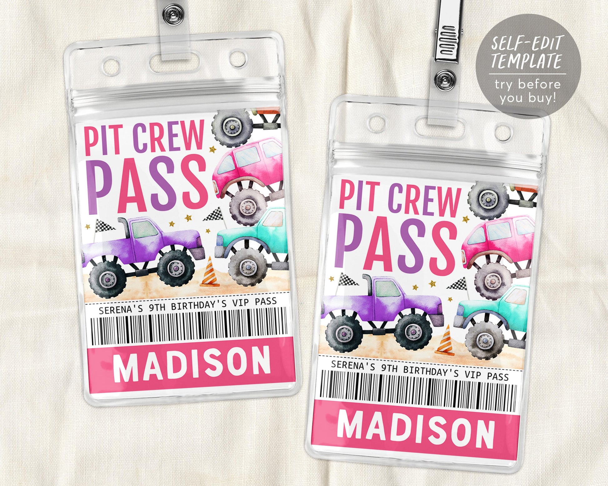 Monster Truck Pit Crew Birthday VIP Pass Editable Template