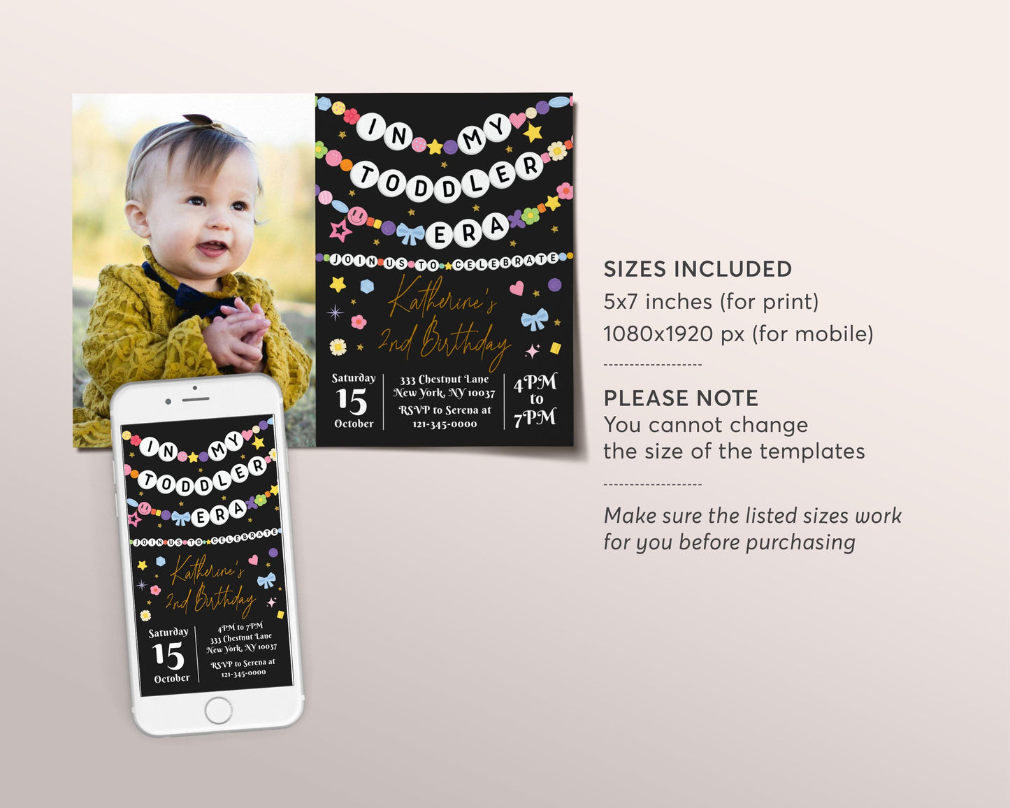In My Toddler Era Invitation With Photo Editable Template, Friendship Bracelet Party Invite, In My Birthday Era Eras Music Black Gold Evite